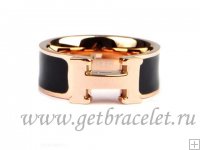 Hermes Enamel Clic H Ring in 18kt Pink Gold with Black